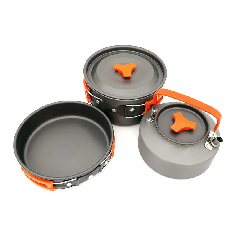 VILEAD Camping al aire libre de pesca de maceta tetera combinación 2-3 persona conjunto olla con tetera utensilios de cocina conjunto de tres piezas hacer café
