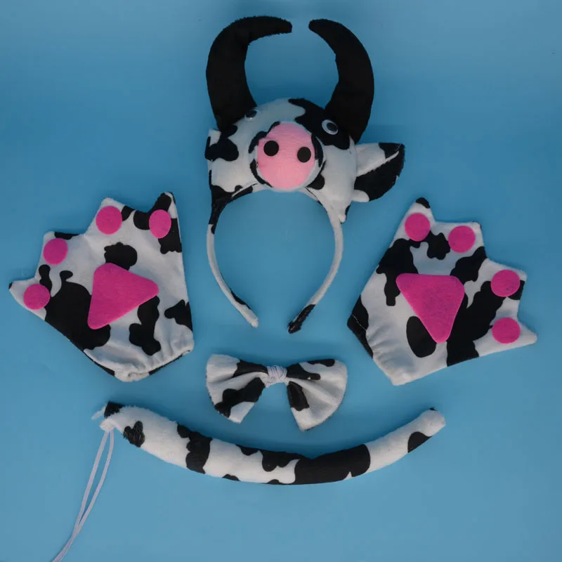 2017 Nouveau Halloween Lait Bull Vache Oreille Bandeau Patte Queue Arc Animal Partie Accessoire 4 pc Ensemble D\u0027anniversaire Par.