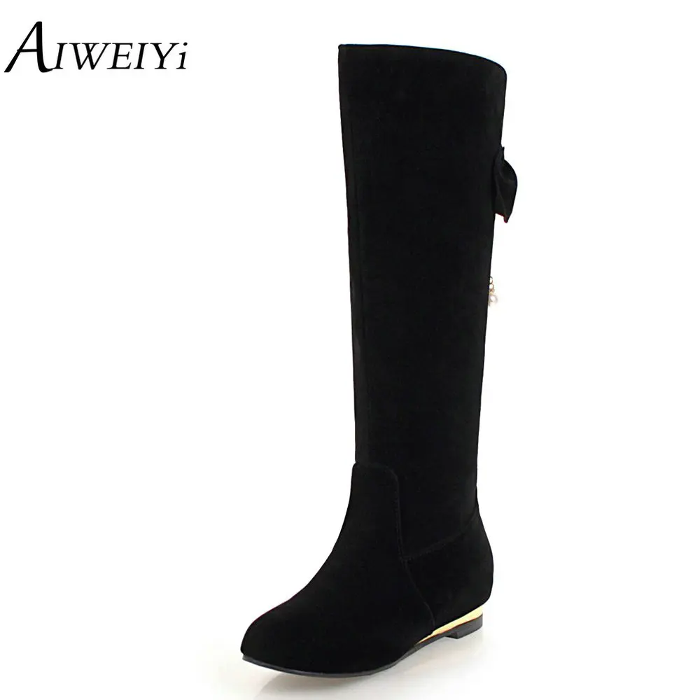 

AIWEIYi Flock Knee High Boots for Women Round toe Flat Slip On Autumn Winter Thigh High Boots Sweet Bow Long Boots Shoes
