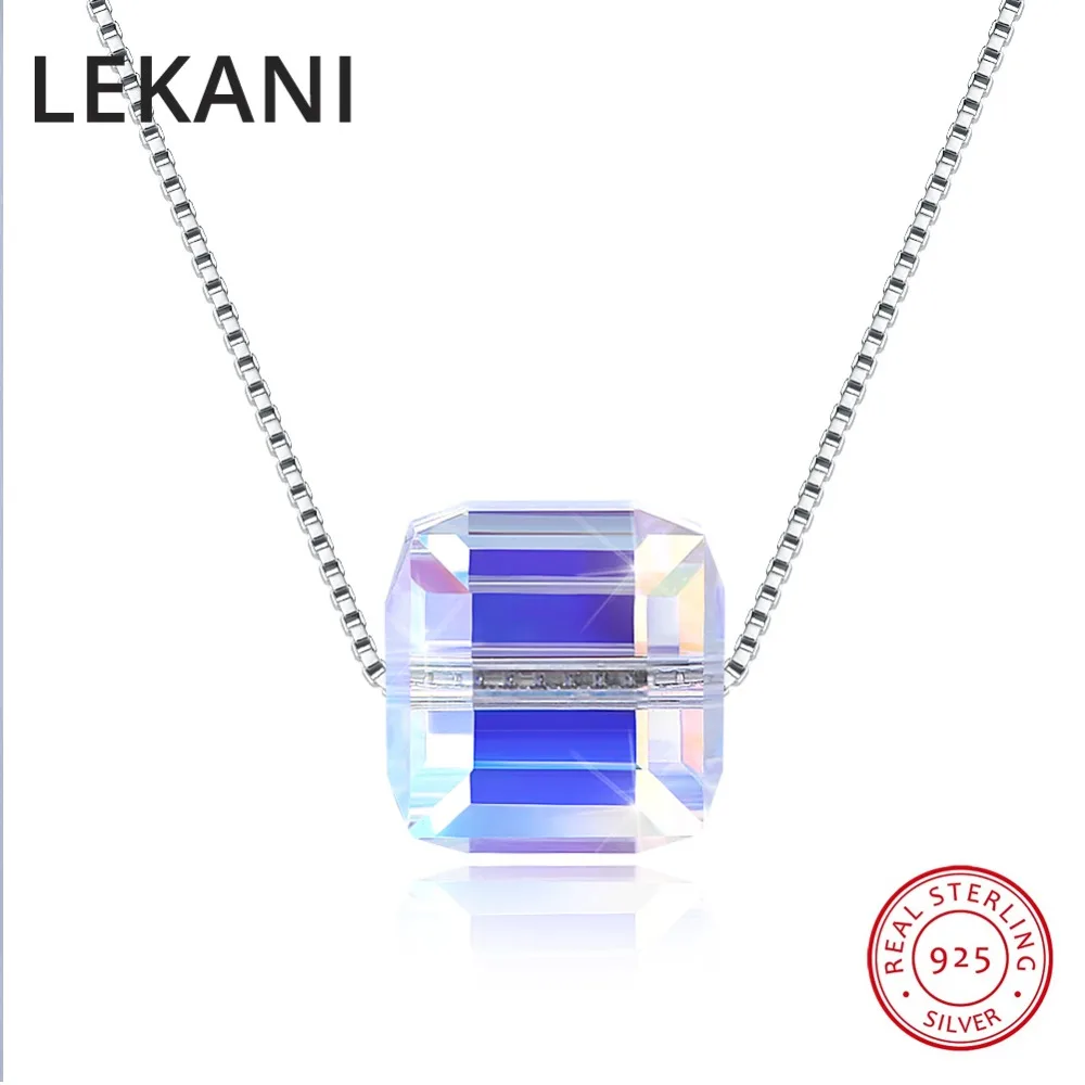 

LEKANI Simple Cube Beads Crystals From SWAROVSKI Pendants Necklaces Colorful Collares For Women Real S925 Silver Fine Jewelry