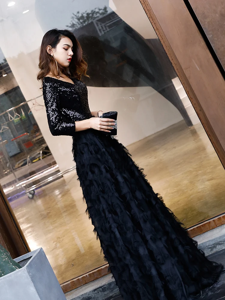 Вечернее платье weiyin De Soiree Новое Элегантное ТРАПЕЦИЕВИДНОЕ черное кружевное длинное вечернее платье с v-образным вырезом вечерние платья, расшитые пайетками WY113