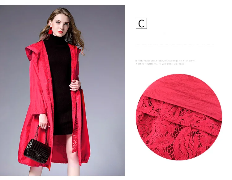 Spring Autumn new Big size long sleeve lace Hooded trench coat Large size ladies' draw string loose lace Elegant coat red black