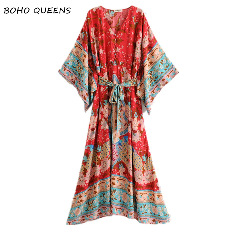 

Boho chic women red floral print bat sleeve beach Bohemian dresses Kimono dress Ladies V neck Tassel Summer Boho dress