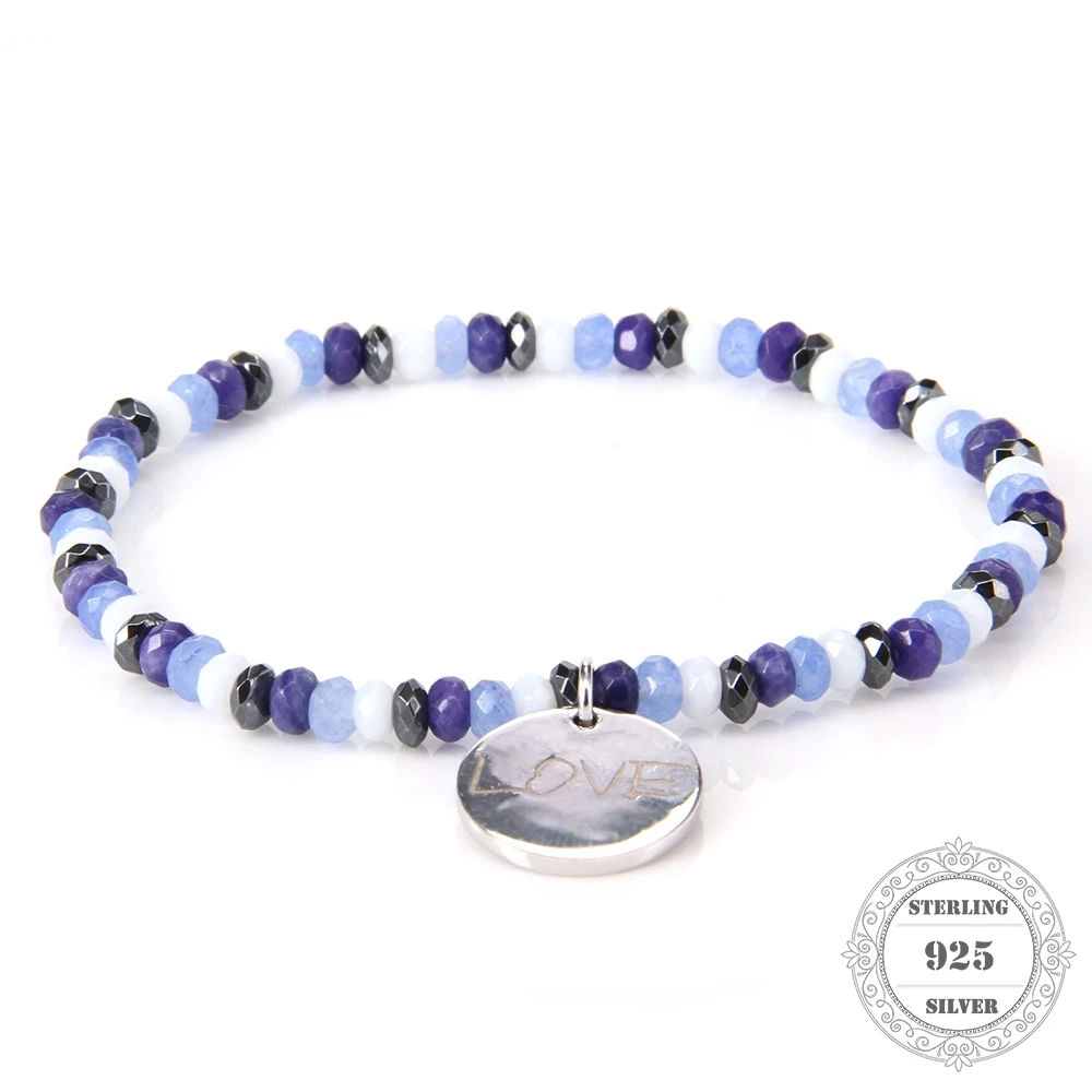 HEMISTON 925 Purple Chalcedony Bead Bracelet with 925 Sterling Silver