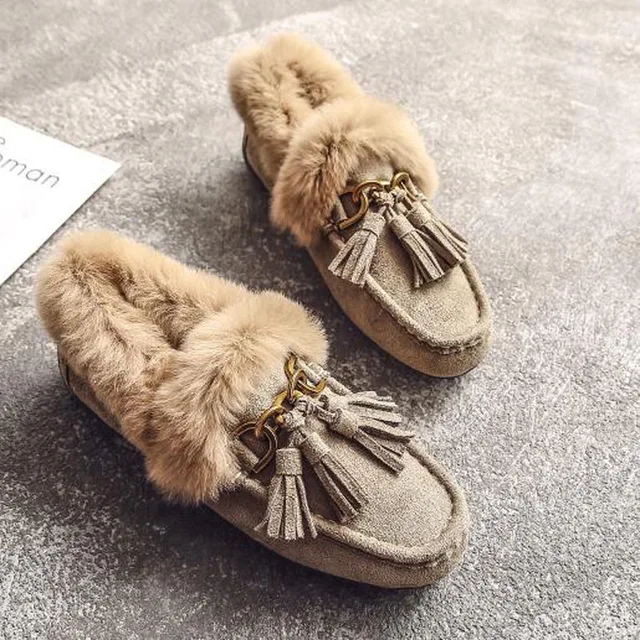 Women Winter Mules Metal Buckle Square toe Moccasins Fluffy Fur Shoes