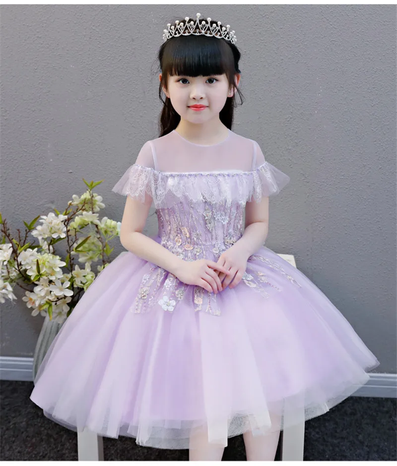 Дети Девушки Сладкий красивый розового и фиолетового цветов Цвет на день рождения Свадебная вечеринка Кружева бальное платье детей