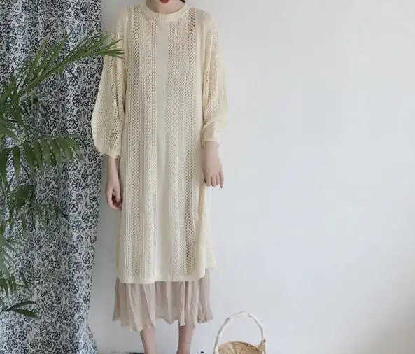 Summer Fashionable Korean Style Two Pieces Female Dress Chic Hollow Out Solid Knitting Blouse All-match Spaghetti Strap Dress9