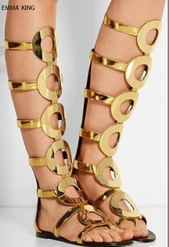 

Botas Mujer Summer Gold Rings Women Sandals Knee High Boots Hollow Out Ankle Boots for Women Zipper Flat Heels Ladies Shoes