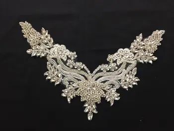 

rhinestone neckline applique for bridal dress, rhinestone bead applique collar, craft bridal gown supplies 3pieces