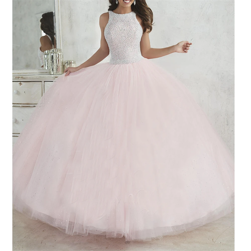 Бальное платье vestido de baln vestidos de 15 anos с жемчужинами и бусинами, фатиновое платье с шлейфом vestidos de quinceanera