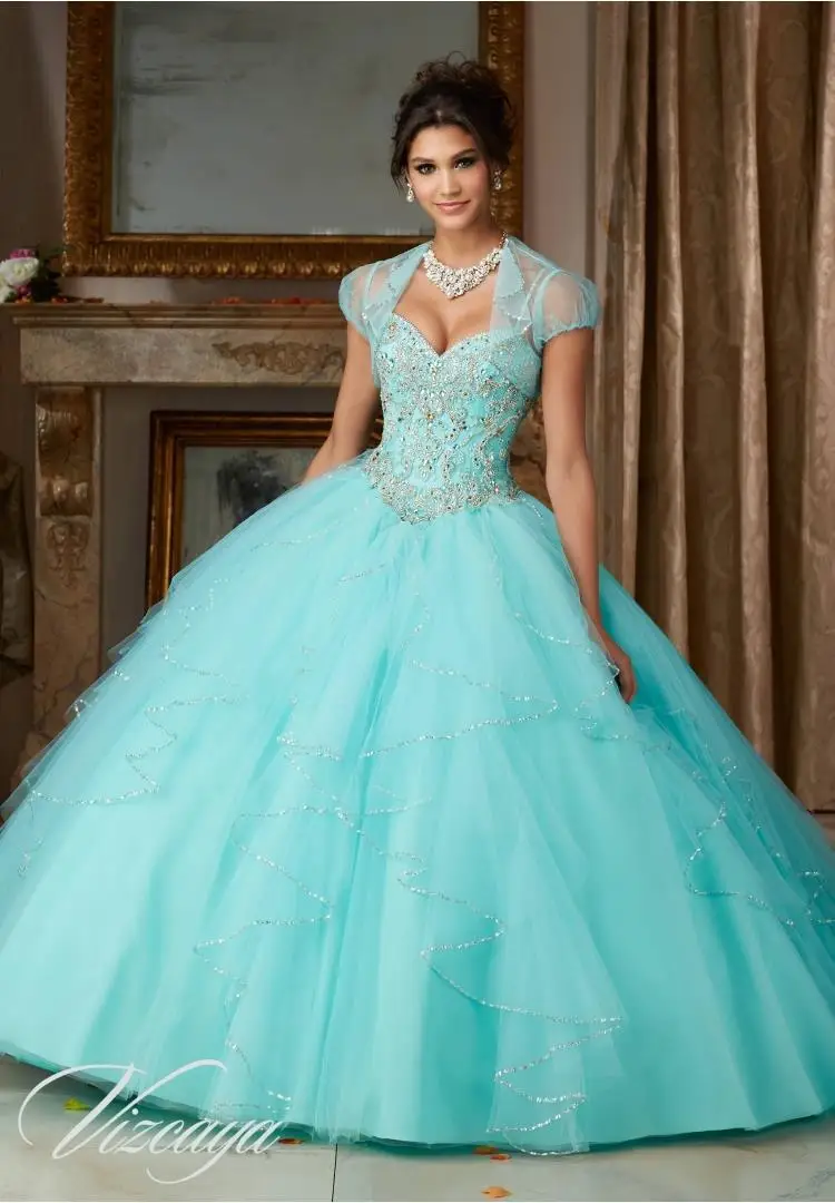 Cheap Hot Pink Blue Quinceanera Dresses Ball Gown Organza Crystals Beaded Ruffles Sweet 16 Dressess Vestido De 15 Anos