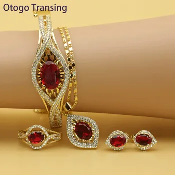 

Otogo Transing High Quality Jewelry set gold color Cristal party Tray Red Crystal For Women Necklace/Ring/Earrings-SET201