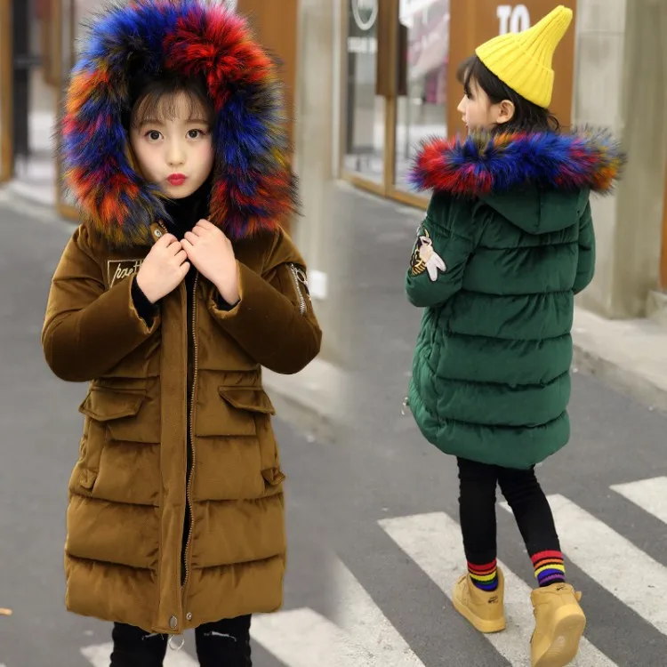 

Solid color children clothing girl tops big girls winter coat with fur collar winter parka children large fur hooded down jacket