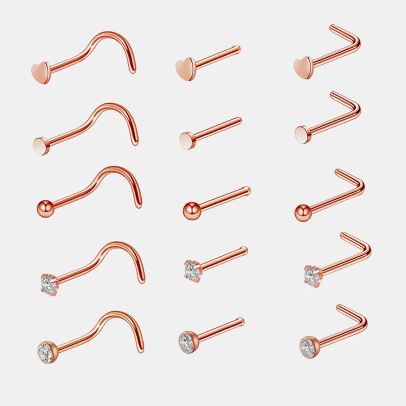 

1pc Screw Curved Prong Nose Studs Rose Gold Nose Rings Body Piercing jewelry Small Earrings For Women Gilrs Nostril Piercings