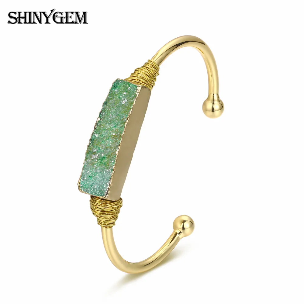 

ShinyGem Natural Druzy Gem Stone Open Cuff Bangle Vintage Square Shape Crystal Charm Bangle Handmade Gold Wire Bangles For Women