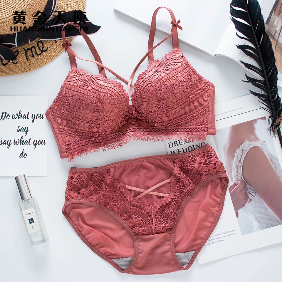 New Women's Comfort Push-Up Deep V Bra Set Solid Color Brassiere + Sexy Panties Brief Lace Lingerie Underwear | Женская одежда