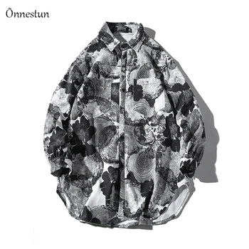 

Onnestun Men Shirt 2019 Spring Geometric Turn Down Collar Shirts Long Sleeve Loose Plus Size Lover Shirt