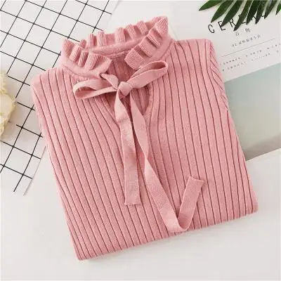 2019 Autumn Winter Knitted Sweater Pullover Pull Femme Cute Warm White Yellow Lace Up Ruffles Turtleneck Women Sweater Jumper