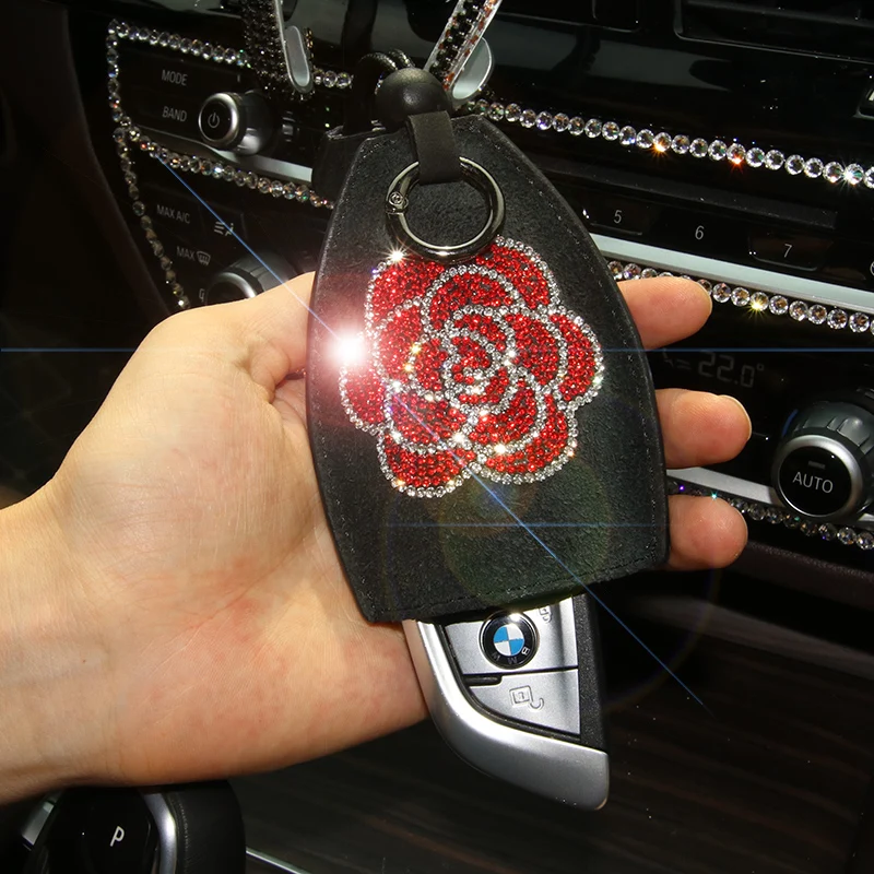 

Crystal Diamond Key Wallet Bag Camellia Flower Key Bag Chain Crystal Rhinestone Car Key Case Bag Girls Women