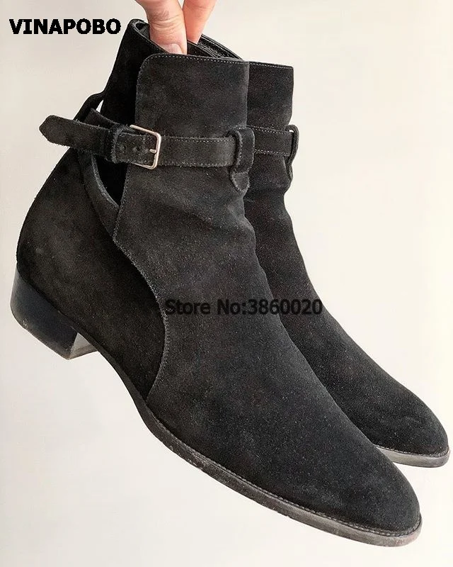 

VINAPOBO Pointed Toe Slim men Suede Leather Booties genuine leather ankle strap Buckled wedge Chelsea Men denim Cowboy Boots