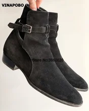 VINAPOBO Pointed Toe Slim men Suede Leather Booties genuine leather ankle strap Buckled wedge Chelsea Men denim Cowboy Boots