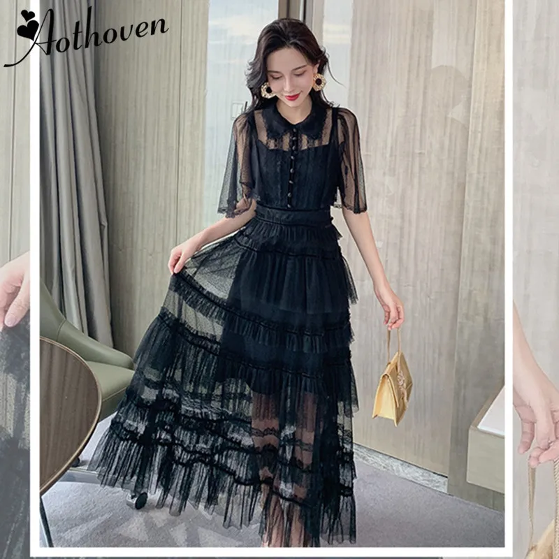 

2019 Summer Elegant Sexy Party Lady High-end Dresses Short Sleeve Mesh Patchwork Dress Women Classy Cascading Ruffle Lace Dress
