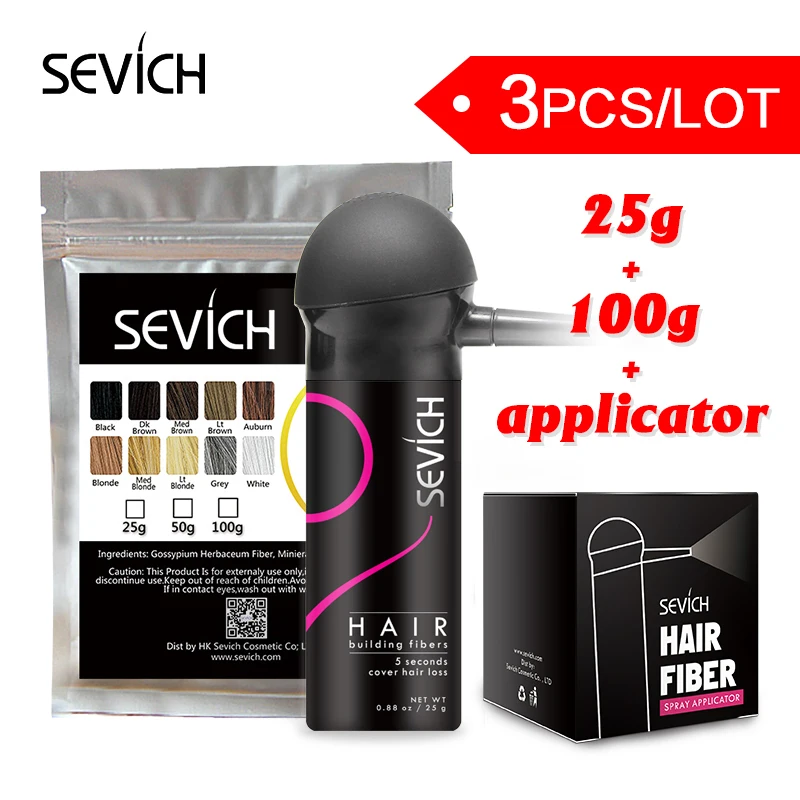Sevich 3 шт/лот волосы строительное волокно Стайлинг цвет Порошок Заправка 100 г + гель 25 г + аппликатор расширение кератин истончение спрей для волос - изображение