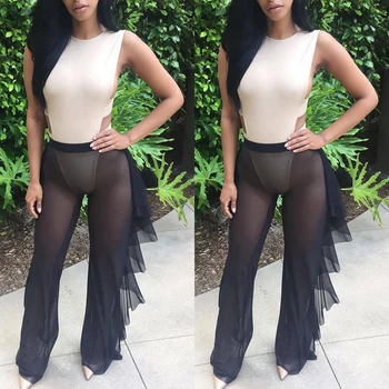 

Sexy Womens Mesh Ruffles Sheer Wide Leg Pants Long Trousers Bikini Cover Up Pant