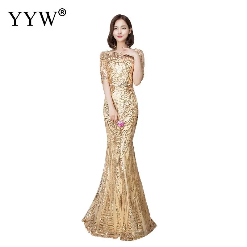 Gold Sequins Luxury Evening Dress Women Slim Elegant Mermaid Long Party Gowns Floral O Neck Sexy Special Occasion Wear For Women