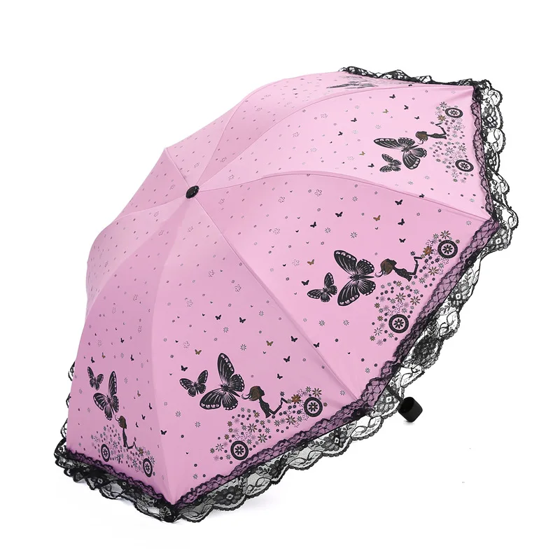 

Black Coating Three Folding Umbrella Creative Lace Rain Gear Anti-UV Umbrellas Butterfly Non-automatic Sunscreen Women Parasol