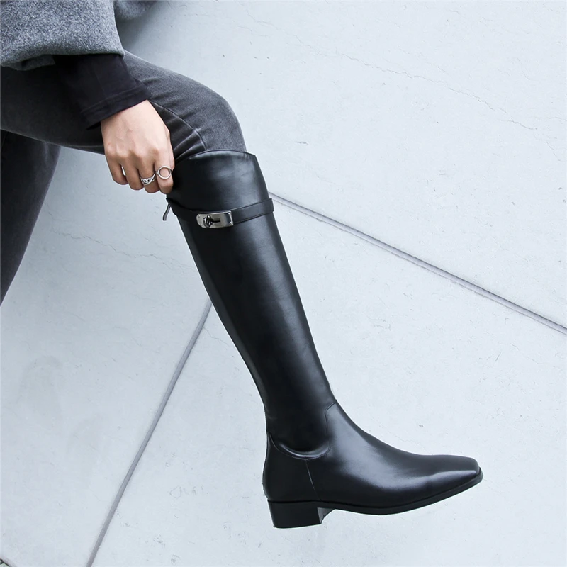 

Women Winter cheleas Boots Genuine leather Knight slipon flat boot woman long black Boots 2019 for women boots
