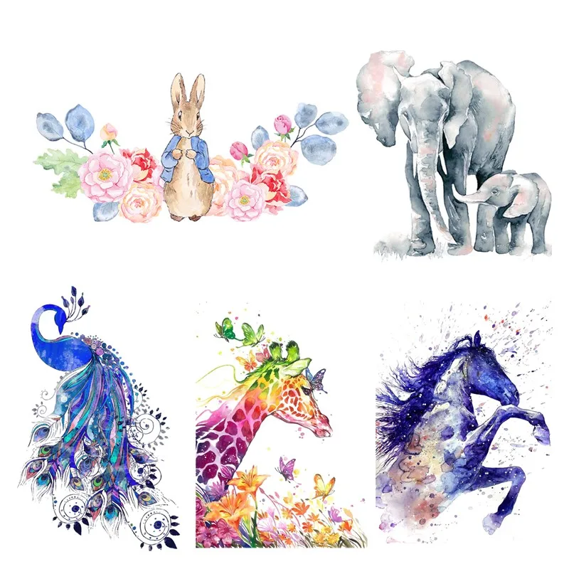 

Watercolor Peacock Elephant Horse Giraffe Iron on Heat Transfer Printing Patches Sticker Washable for Kids Clothes DIY Appliques