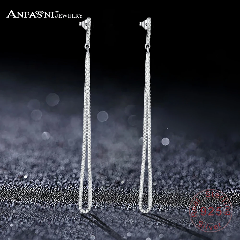 

ANFASNI 925 Sterling Silver AAA Cubic Zirconia Long Two Rows of Earrings For Women Wedding Party Jewelry Earring Accessories