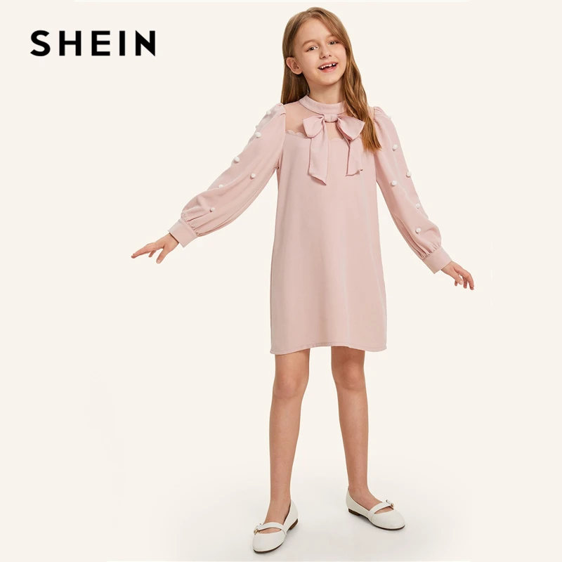 SHEIN/детское розовое Сетчатое платье с бантом спереди и жемчужинами для девочек; милое платье с помпонами; коллекция года; вечерние Детские платья-туники с воротником-стойкой и рукавами «Бишоп»