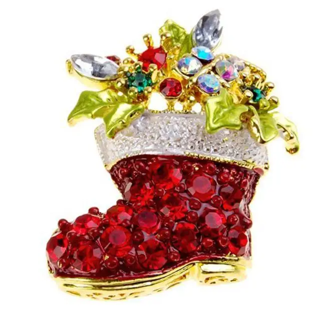 

Wholesale Christmas Ornaments 1pc Red Rhinestone Crystal Christmas Stocking Brooch Xmas Gift Decoration Navidad Adornos nt#