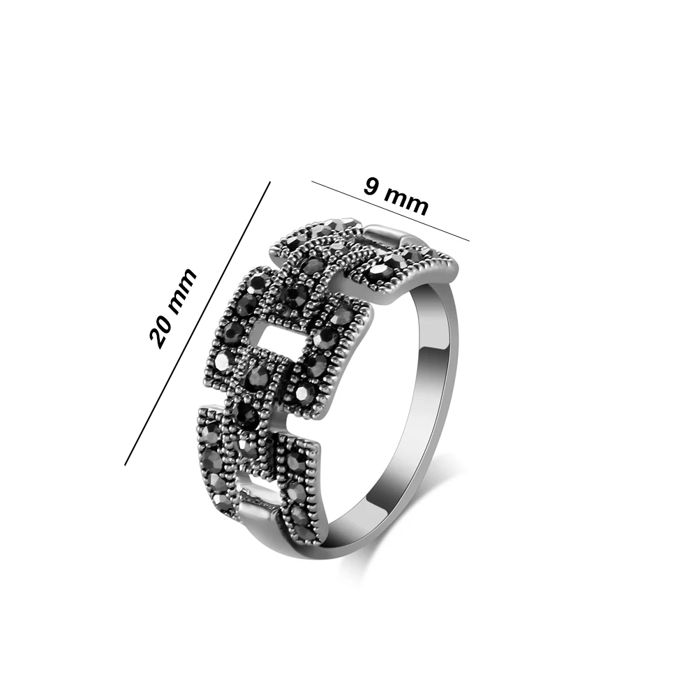 CZ Female Retro Vintage Link Ring Black For Women Size 7,8,9 Finger Ring
