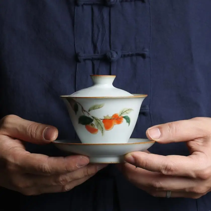 

"KingTeaMall" Porcelain Gaiwan Tea Cup Persimmon Painting Gonfu Teawares Teasets Teatools Gifts