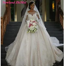 New Arrival Princess Wedding Dresses 2017 vestido de noiva Elegant Boat Neck Long Sleeve Appliqued Bridal Gown