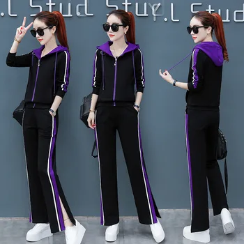 

ATKULLQZ Fashion split wide leg pants two sets 2019 spring new solid color hooded sportswear suit women's clothing tracksuit