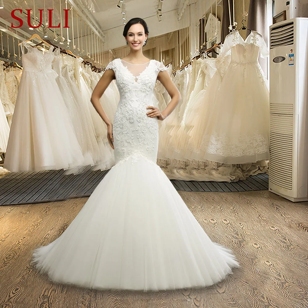 

SL-034 Vestido De Noiva Mermaid Wedding Dress Custom Made Beading Pearls Cap Sleeve Bride Dresses Lace Wedding Dresses