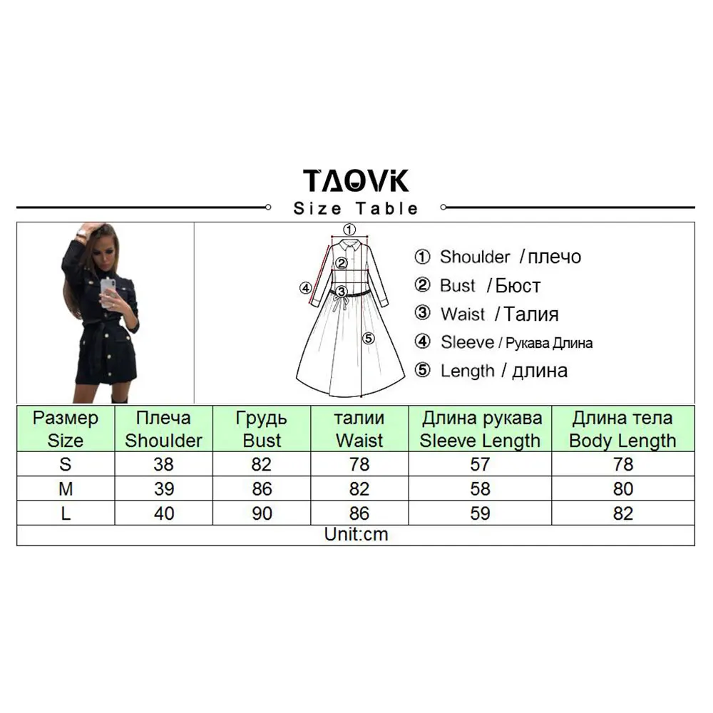 Женское короткое платье с поясом TAOVK, черное однобортное платье-блузка со стоячим воротником и с карманами