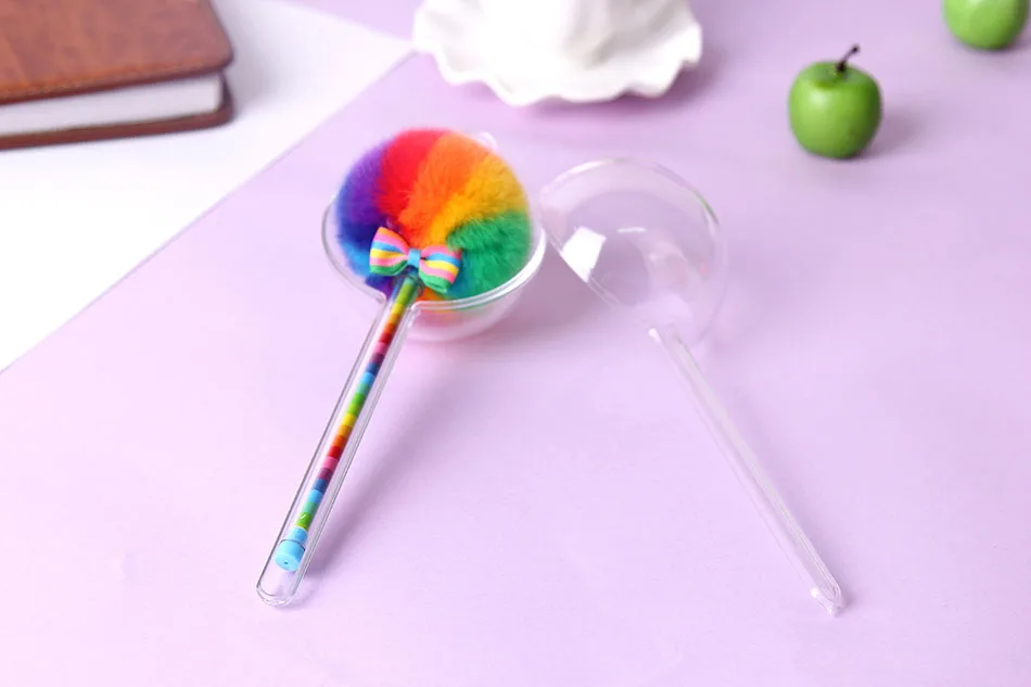 3pcs/lot rainbow Kawaii creative color gel pens with fluffy ball for decoration stationery School supplies free shipping