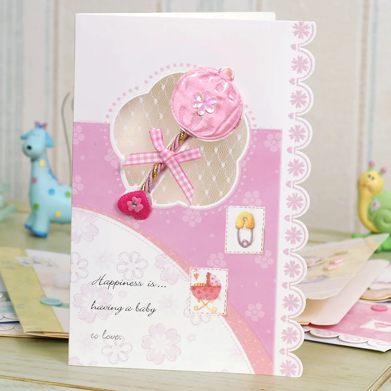 

5pcs / lot High-grade Baby invitations Lace Baby cards Boys and girls Invitation card Fold type Birthday card