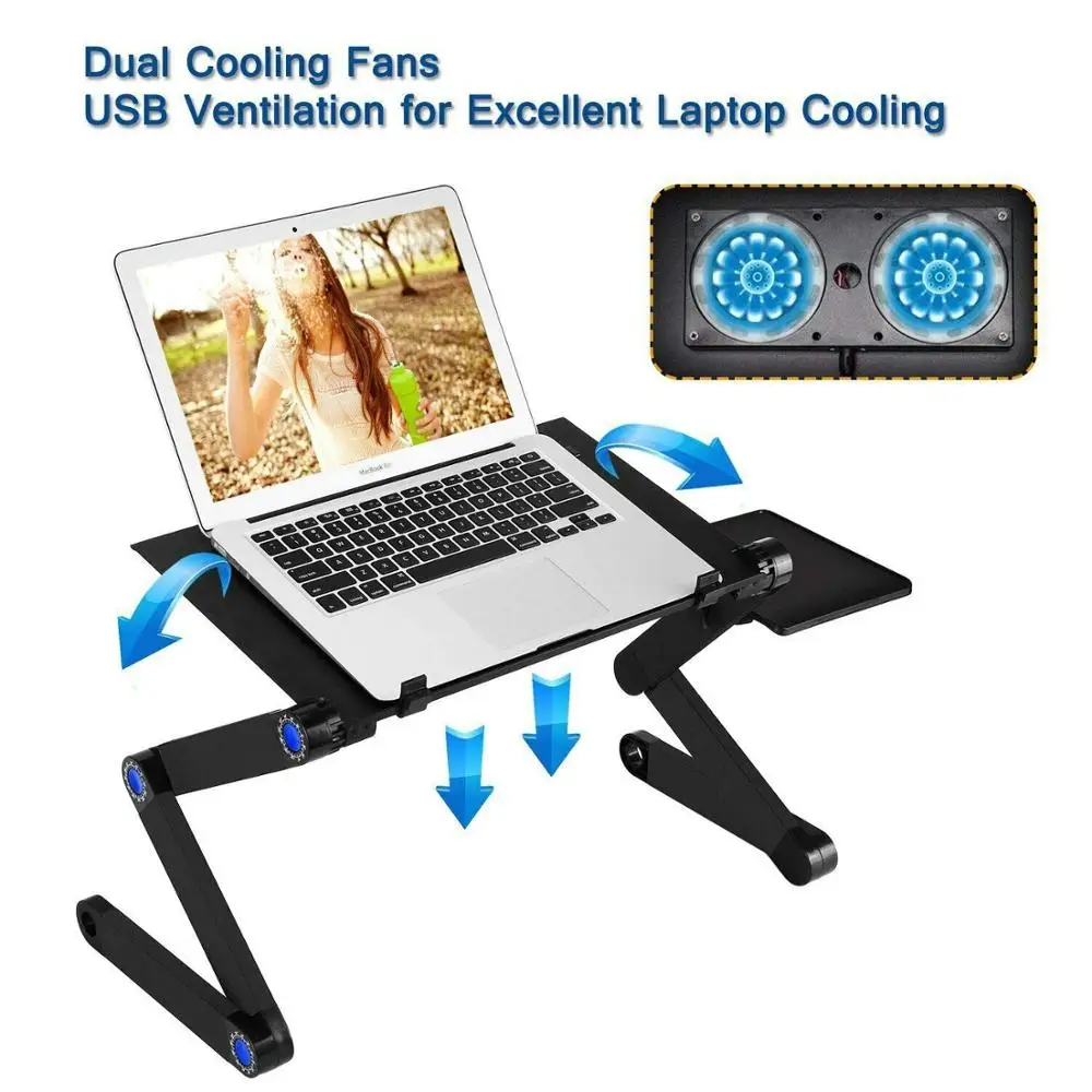 

Laptop Stand for Bed Cozy Aluminum Vented Lap Workstation Desk with 2 Fan Mouse Pad Foldable Book Reading Stand Notebook Tablet