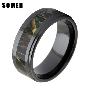 

8MM Men's Black Ceramic Wood Inlay Wedding Ring Real Zebra Wooden Camo Inlay Fashion Male Jewelry bague ceramique homme anel