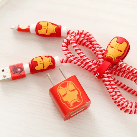 

Superman Heros style USB Cable Earphone Protector Set with Cable Winder Cartoon stickers Spiral Cord protector For iphone 5 6 7
