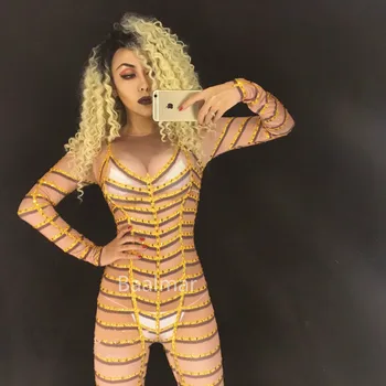 

Sparkly Crystals Jumpsuits Womens Outfit Celebrate Party Rhinestone Bodysuit Female Nightclub Costume Stage Party Singer Wear DJ