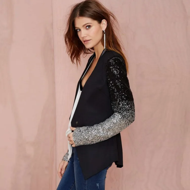 

Women Work Wear Black Blazer Silver Gray Gradient Sequins Stitching Slim Ladies Blazers Coat Spring Lapel Suits Jacket