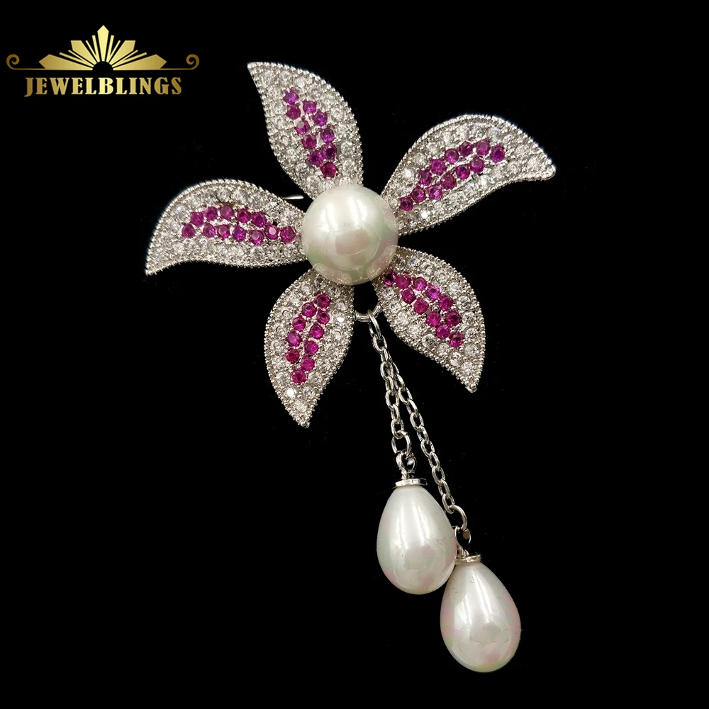 

Elegant Vintage Double Chain Mother of Pearl Drop Pink Orchid Brooch Silver Tone Micro Pave CZ Flower Drop Pin Wedding Accessory