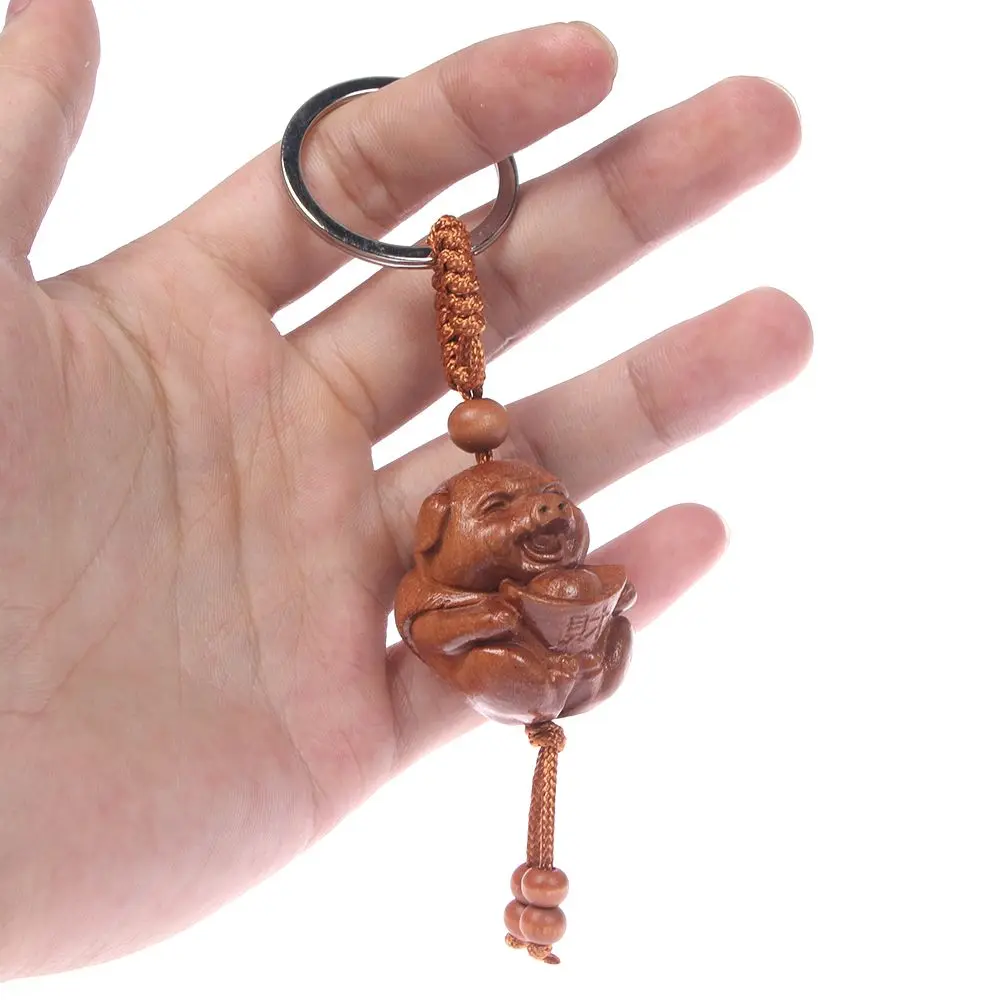 

Natural Wood Carved Yuanbao Pig Shaped Key Chain Key Ring mahogany Key Holder Lucky Keychain Gift jewellery accessories